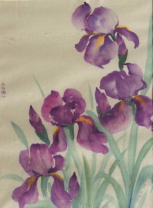 Watercolor painting of irises on silk